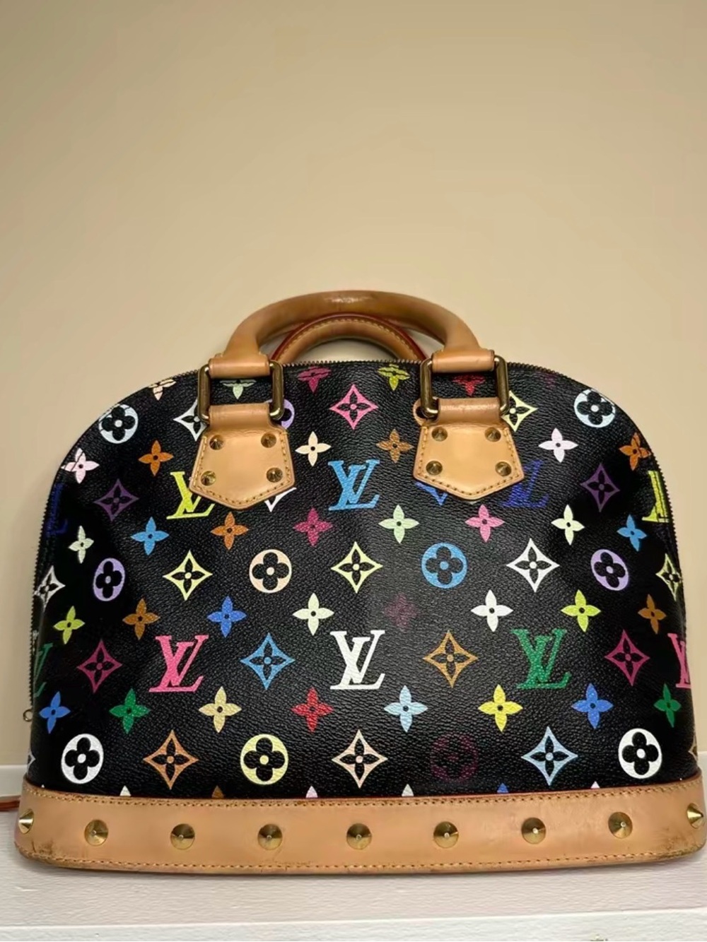 Louis Vuitton Black Multicolor Monogram Alma Satchel with Natural Leather Trim